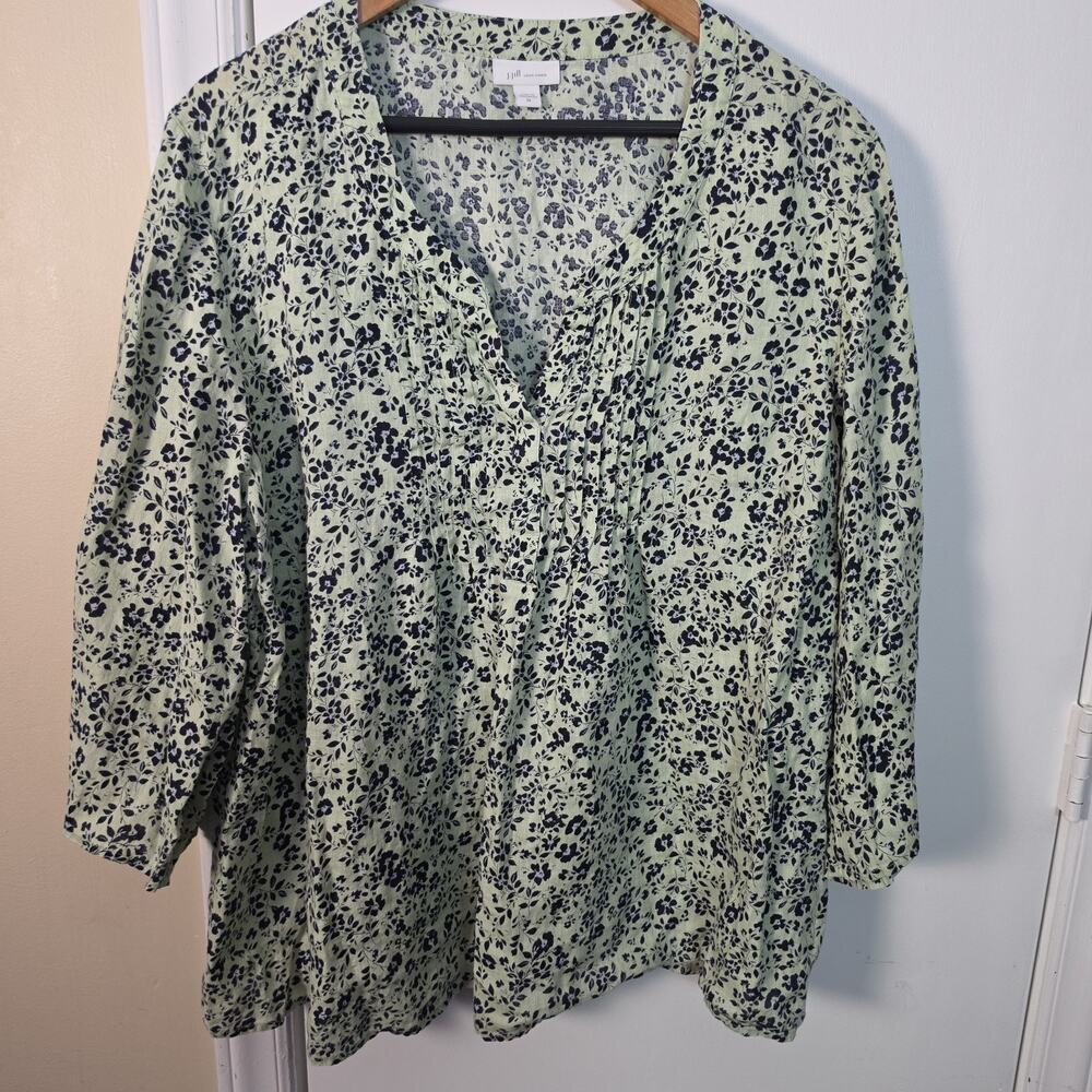 J.Jill Love Linen Pintuck Popover Tunic Blouse Blue Sage Floral Blouse Women 2X